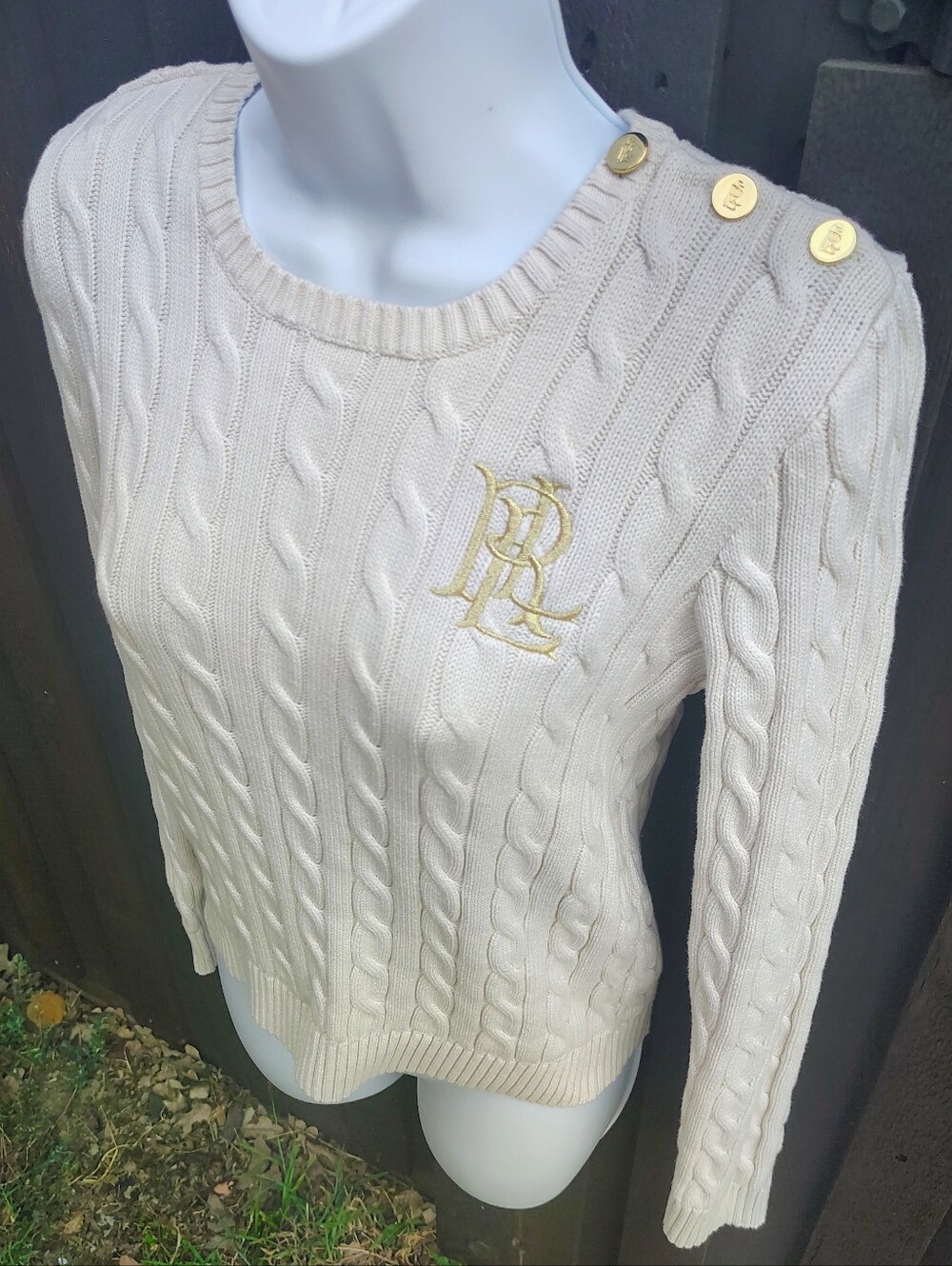 Ralph Lauren Cream Cable-Knit Crewneck Sweater with Gold Buttons